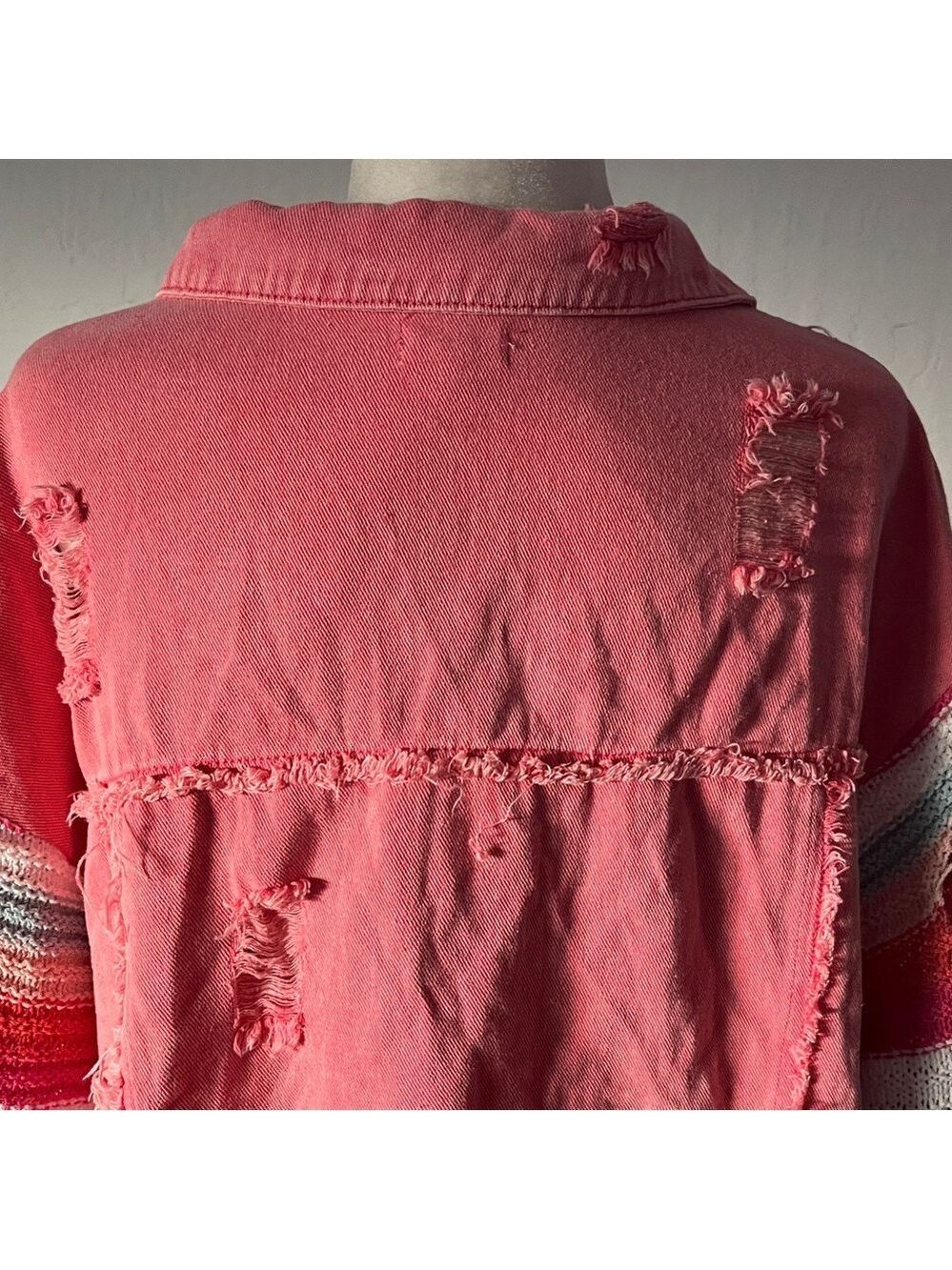 POL Cropped Pink Denim Distressed Jacket with Crochet Sleeves - Size Large - Picture 4 of 16